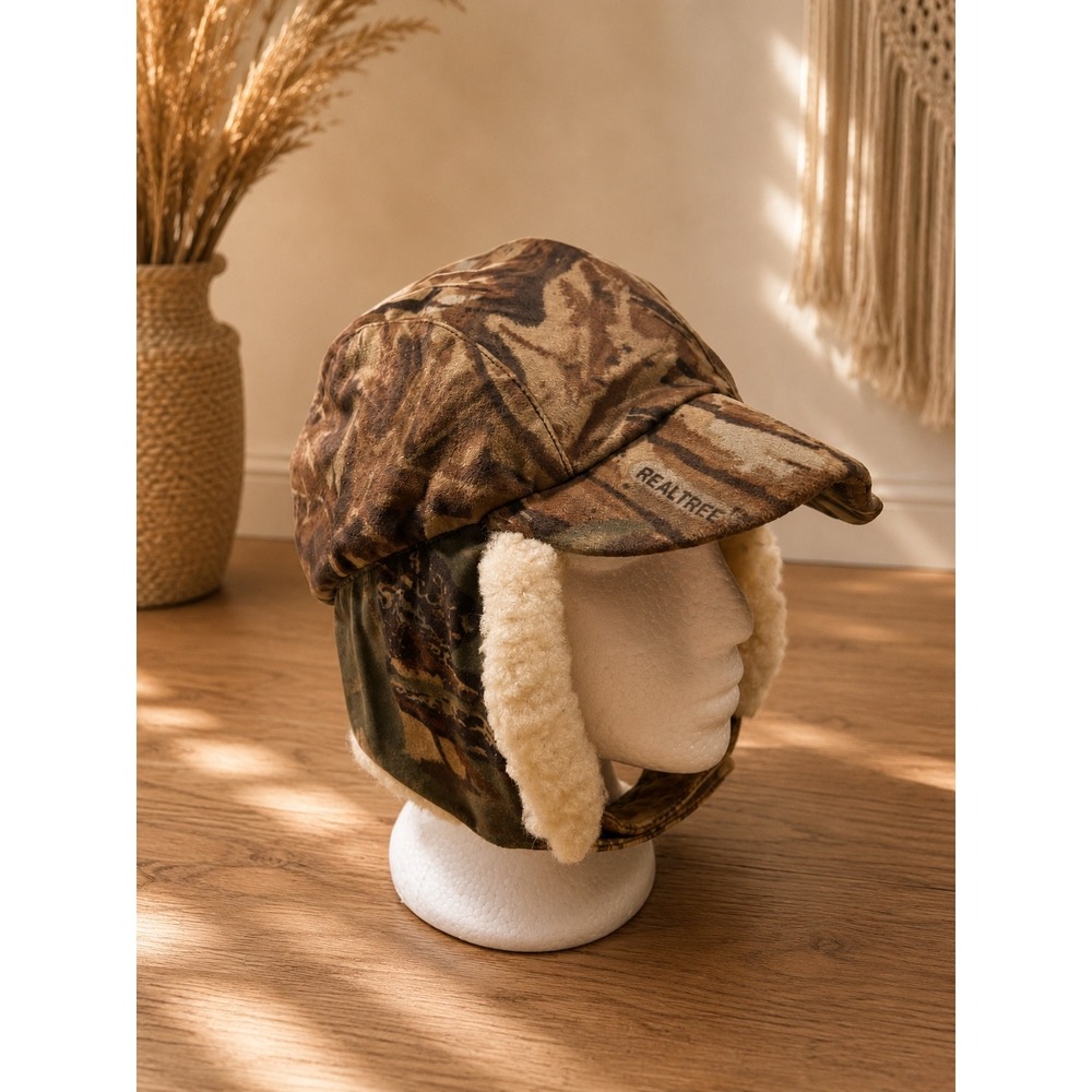 Cabelas RealTree Camo Trapper Hat Kid XL Sheepskin Lined Ear Flap Winter Hunting